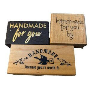 Rubber Stamps Set Of 3 With Wooden Blocks "Handmade for you"‎